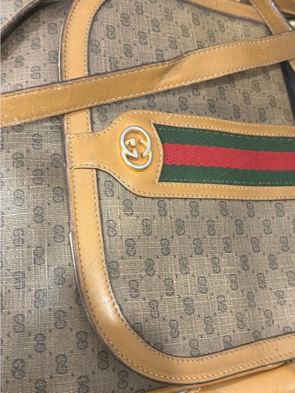 Gucci Brown GG Canvas Tote with Green and Red Web and Tan Trim